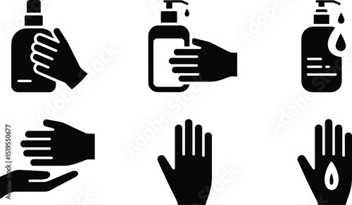 Black and white illustration showing hand sanitizing and hand washing steps in a simple graphic style