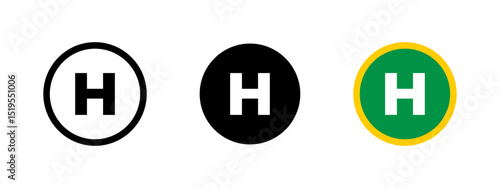 Helipad icon. Capital H letter inside a circle indicating helicopter landing zone vector. Aviation airfield marker for vertical takeoff and landing transport symbol. Emergency flight sign.