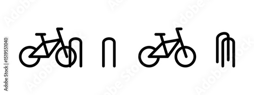 Bicycle parking icon. Secure bike rack with parked bicycle vector. Urban infrastructure element for locking and storing bikes safely in public areas symbol. Transport stand pictogram.