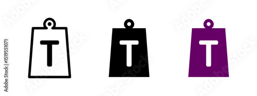 Weight icon. Hanging mass with letter T representing tons vector. Industrial load symbol for cargo handling and heavy lifting systems pictogram. Measurement equipment sign.