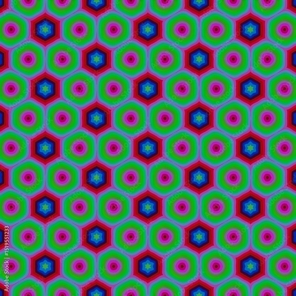 bold seamless pattern of concentric hexagons in red, green, blue, and magenta with central star motifs creating a psychedelic effect bold seamless pattern of concentric hexagons in red, green, blue, and magenta with central star motifs creating a psychedelic effect