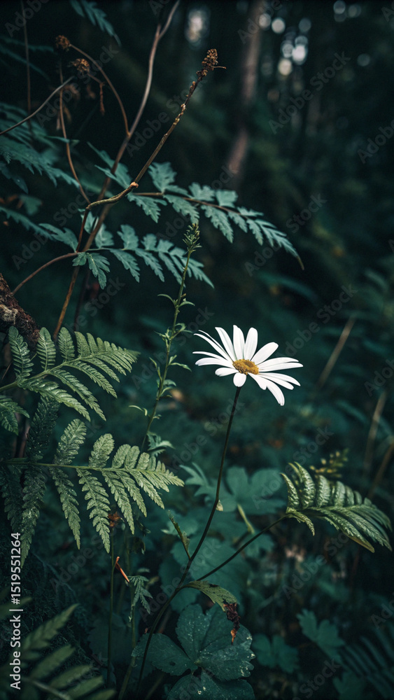 custom made wallpaper toronto digitalA solitary daisy blooms amidst lush green ferns and foliage in a natural woodland setting.