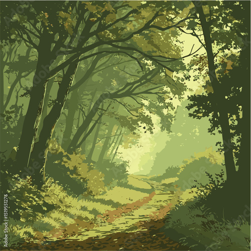 Scenic Forest Path Illustration with Lush Greenery – Nature Landscape Artwork