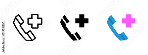 Emergency icon. Telephone receiver with a medical cross symbol vector illustration. Represents urgent call service or healthcare hotline. Used in hospital contact signs and aid communications.
