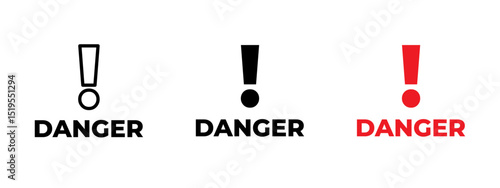 Danger icon. Bold exclamation mark with the word DANGER vector illustration. Indicates hazard, alert or critical warning. Used in emergency signage and safety labels.