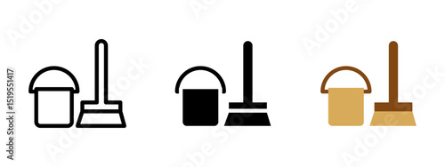 Cleaning icon. Bucket and scrubbing brush for sanitation tasks vector illustration. Tools for washing and surface maintenance. Household and janitorial hygiene equipment.