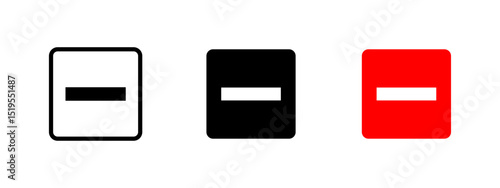 Minus icon. Horizontal bar inside a square frame representing remove or subtract vector illustration. Common UI sign for deletion or negative action. Minimalist symbol for block or restriction.