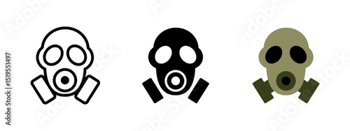Gas mask icon. Protective face gear with dual filter cartridges and circular eye lenses vector illustration. Used in chemical safety, military defense, and hazardous environments.