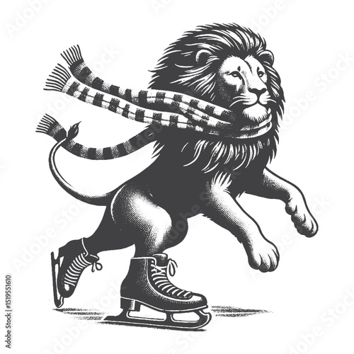 Vintage Hand-Drawn African Lion Skating on Ice With Scarf Illustration – Wildlife Animal Engraved Style Vector for T-Shirts, Posters, Stickers, and Winter Sports Humor Themes Apparel