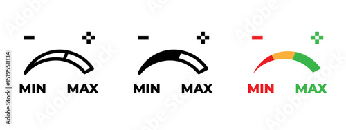Indicator gauge icon. Semicircular scale with needle pointing between min and max vector illustration. Used in dashboards, performance or energy level display symbol. Measurement tool pictogram.