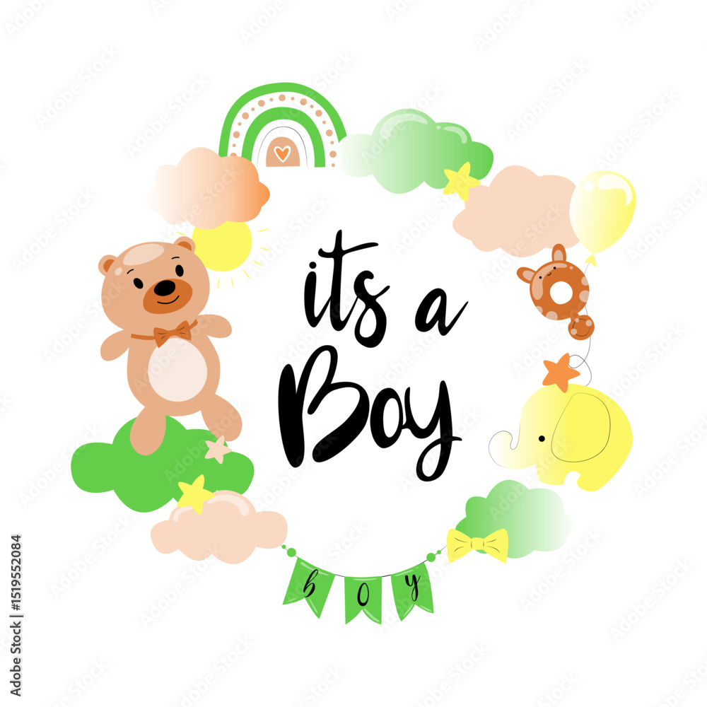 Naklejka premium It's a boy, the inscription is written in calligraphy and decorated with a pacifier, a bear, an elephant, clouds, a sun, a rainbow, a balloon. Gender party concept