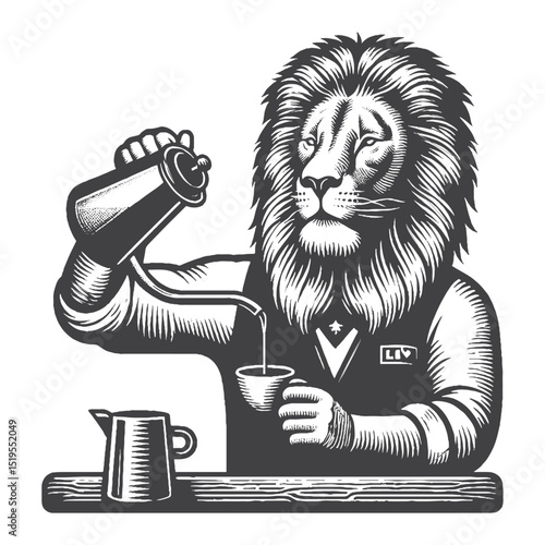 Vintage Hand-Drawn African Lion Barista Pouring Coffee Illustration – Wildlife Animal Engraved Style Vector for T-Shirts, Posters, Stickers, and Coffee Shop Humor Themes Apparel
