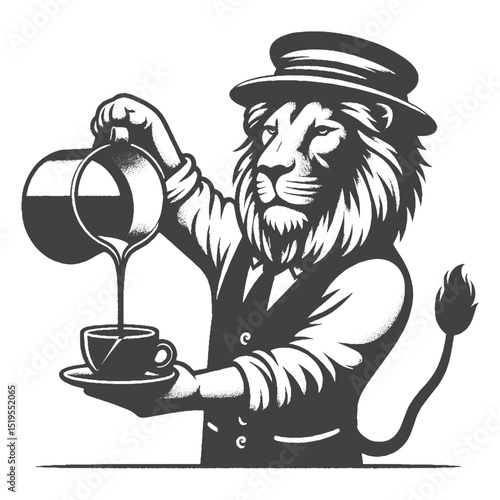 Vintage Hand-Drawn African Lion Barista Pouring Coffee Illustration – Wildlife Animal Engraved Style Vector for T-Shirts, Posters, Stickers, and Coffee Shop Humor Themes Apparel