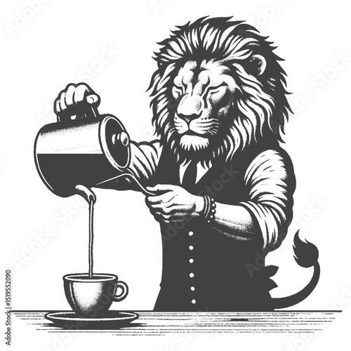 Vintage Hand-Drawn African Lion Barista Pouring Coffee Illustration – Wildlife Animal Engraved Style Vector for T-Shirts, Posters, Stickers, and Coffee Shop Humor Themes Apparel