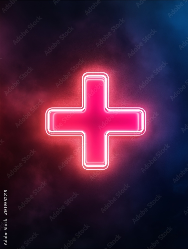 Fototapeta premium Neon Plus: Illuminated in vibrant hues, a neon plus sign glows against a blurred backdrop, symbolizing positivity and innovation.