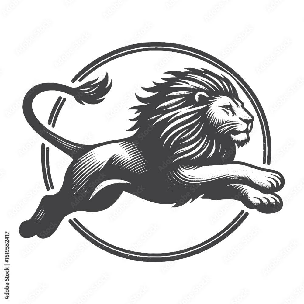 Obraz premium Vintage Hand-Drawn African Lion Leaping Forward Illustration – Wildlife Animal Engraved Style Vector for T-Shirts, Posters, Stickers, and Dynamic Motion Themes Apparel