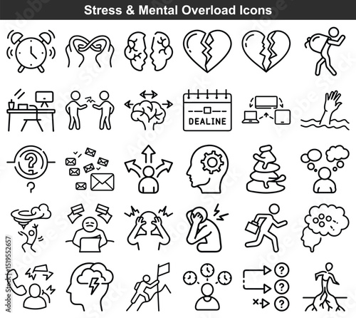 Collection of Linear Icons Illustrating Stress, Burnout, Anxiety, Mental Health, and Overload Situations