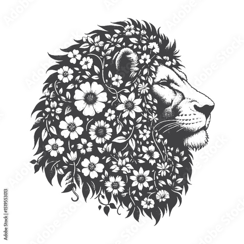 Vintage Hand-Drawn African Lion Covered in Flowers and Vines Illustration – Wildlife Animal Engraved Style Vector for T-Shirts, Posters, Stickers, and Nature Botanical Themes Apparel