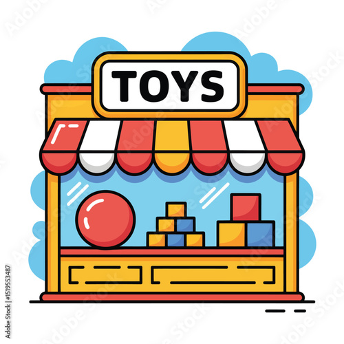 A colorful cartoon illustration of a toyshop front depicting building blocks and a red ball representing playtime fun for kids