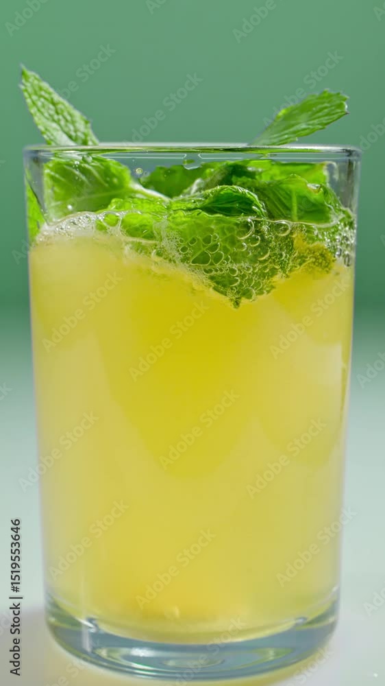 Soda with mint. Vertical. Close-up. Mojito lemonade in a glass. Soda with mint. Vertical. Close-up. Mojito lemonade in a glass.