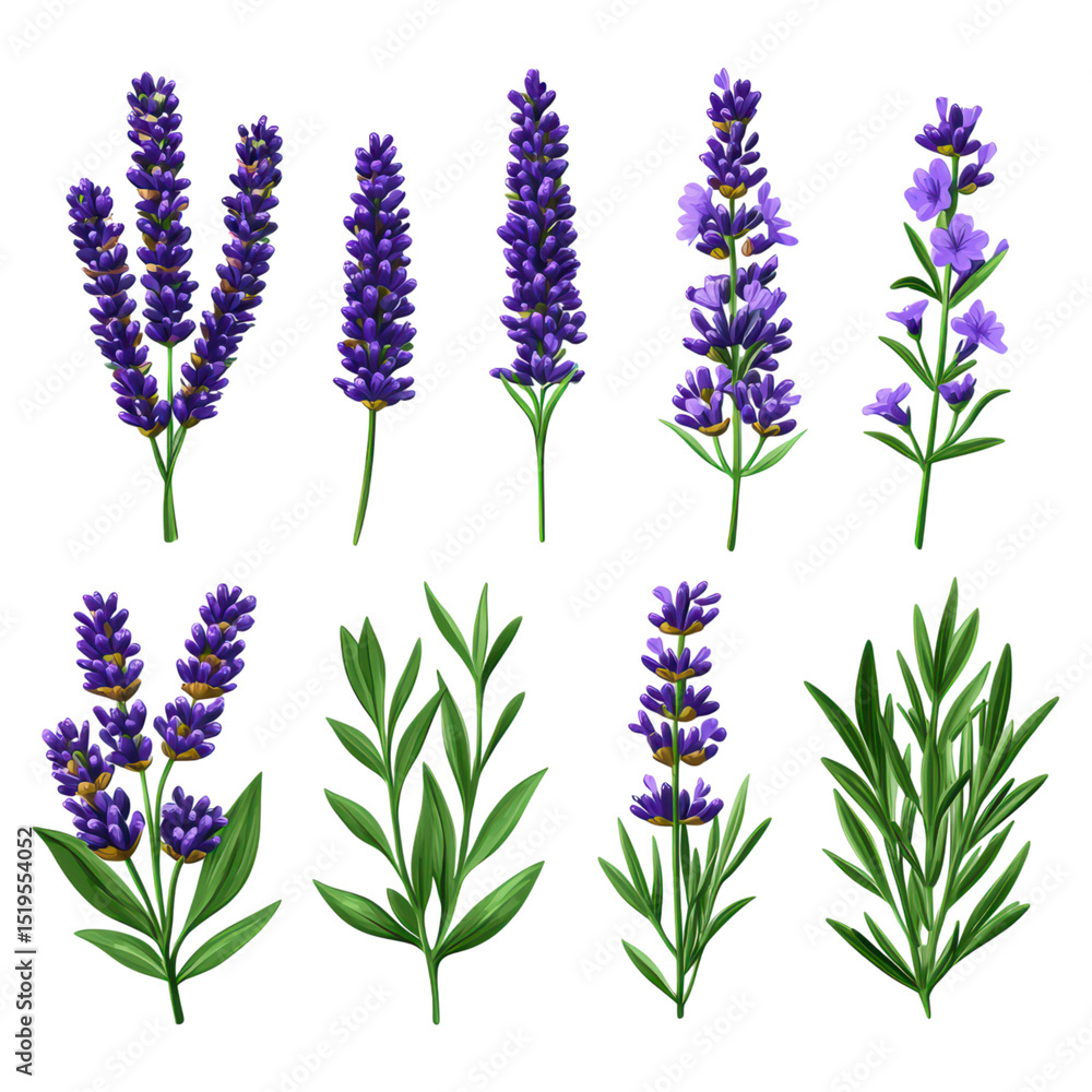 Naklejka premium Vibrant Collection of Lavender Flowers and Green Leaves Isolated on Black, isolated on transparent background.