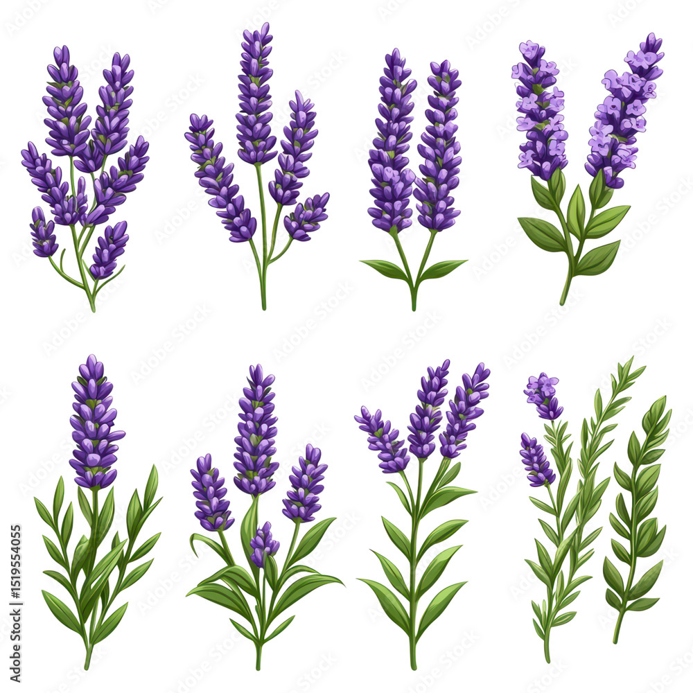 Fototapeta premium Beautiful Lavender Flowers with Multiple Variations and Vibrant Colors, isolated on transparent background.