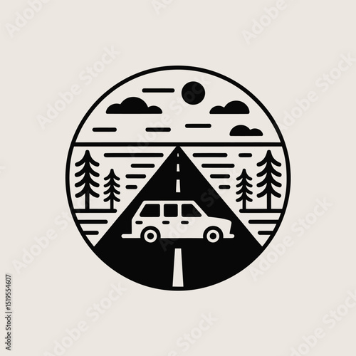Adventure time a minimalist circular graphic depicting a car driving on a scenic road with trees clouds and sun in a simple vector style