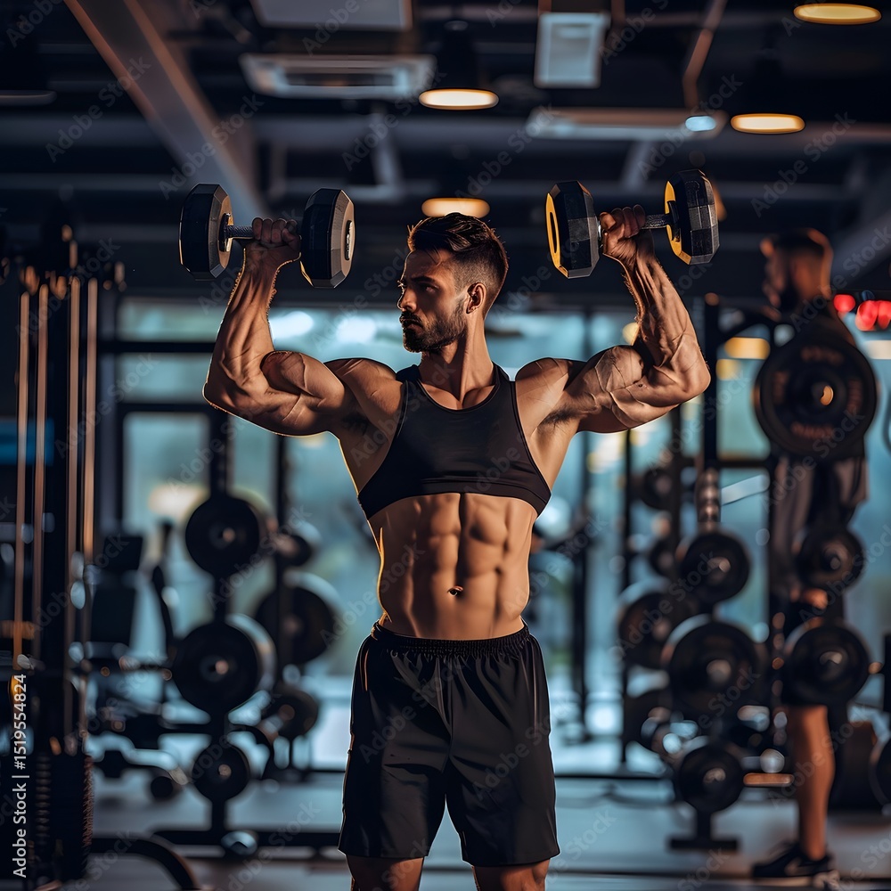 Fototapeta premium Muscular man lifting dumbbells in a gym, showcasing strength and fitness amidst workout equipment
