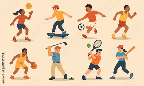 Vector illustration of children and teenagers playing different sports including soccer, basketball, tennis, baseball, golf, running, skateboarding, and volleyball. 