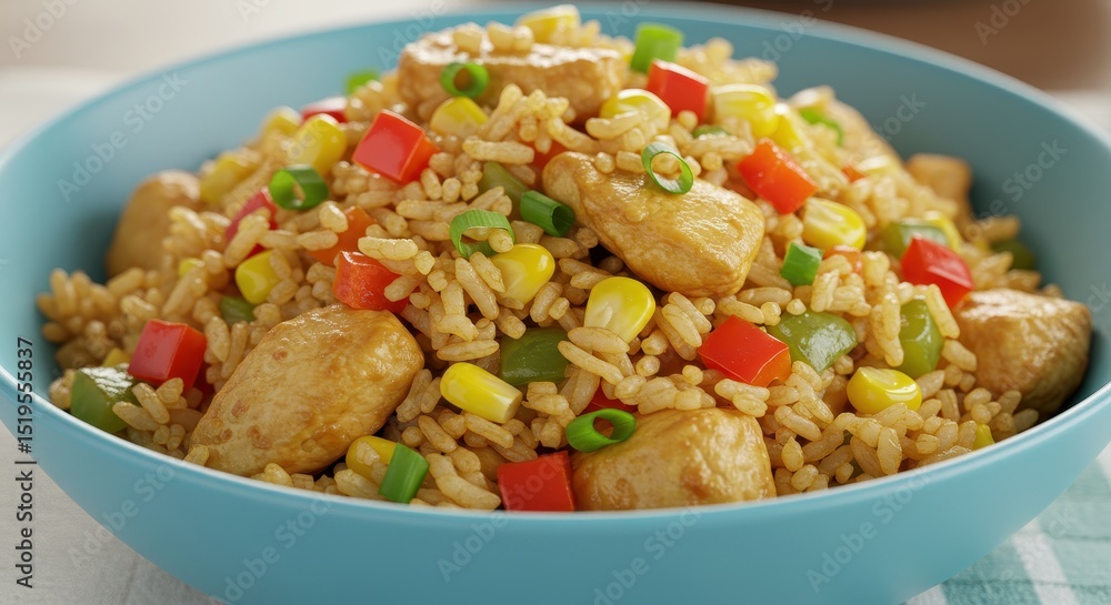 Delicious and Colorful Rice Dish with Chicken, Vegetables, and Savory Sauce in a Bright Blue Bowl Ready to Serve Delicious and Colorful Rice Dish with Chicken, Vegetables, and Savory Sauce in a Bright Blue Bowl Ready to Serve