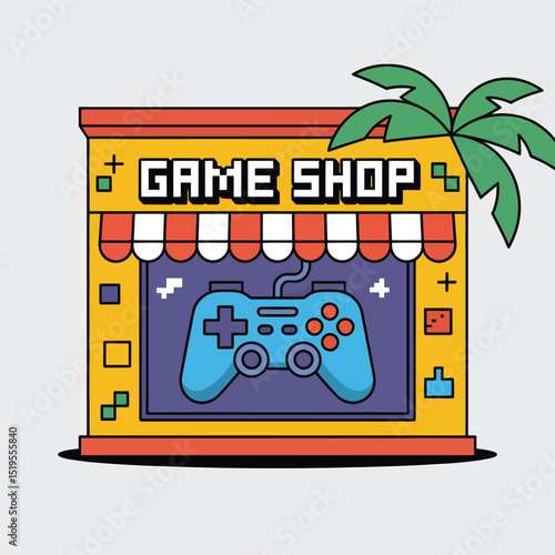 Cartoon illustration of a game shop facade with a gaming controller display featuring a colorful design for digital content creators.