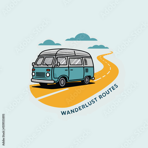 Cartoon illustration of a retro camper van on a winding road representing travel and adventure wanderlust routes for exploration