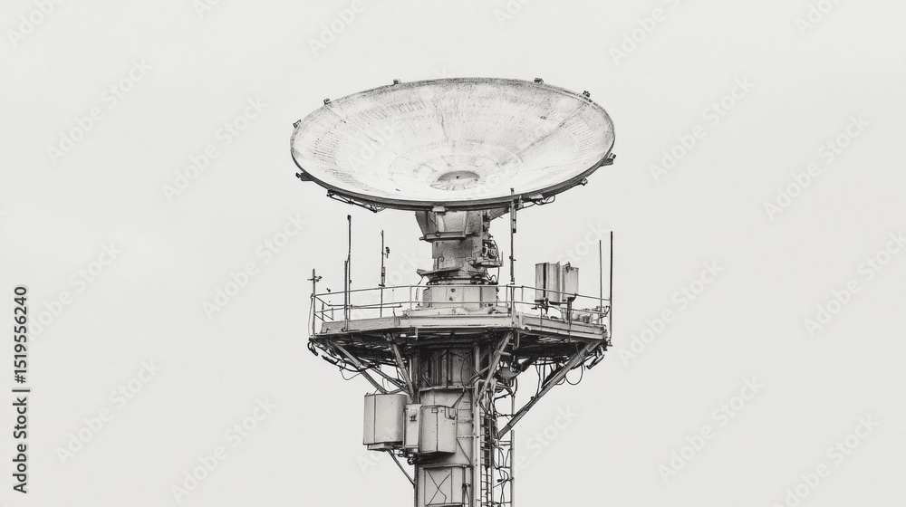 Communication tower featuring large satellite dish under cloudy sky at urban location Communication tower featuring large satellite dish under cloudy sky at urban location
