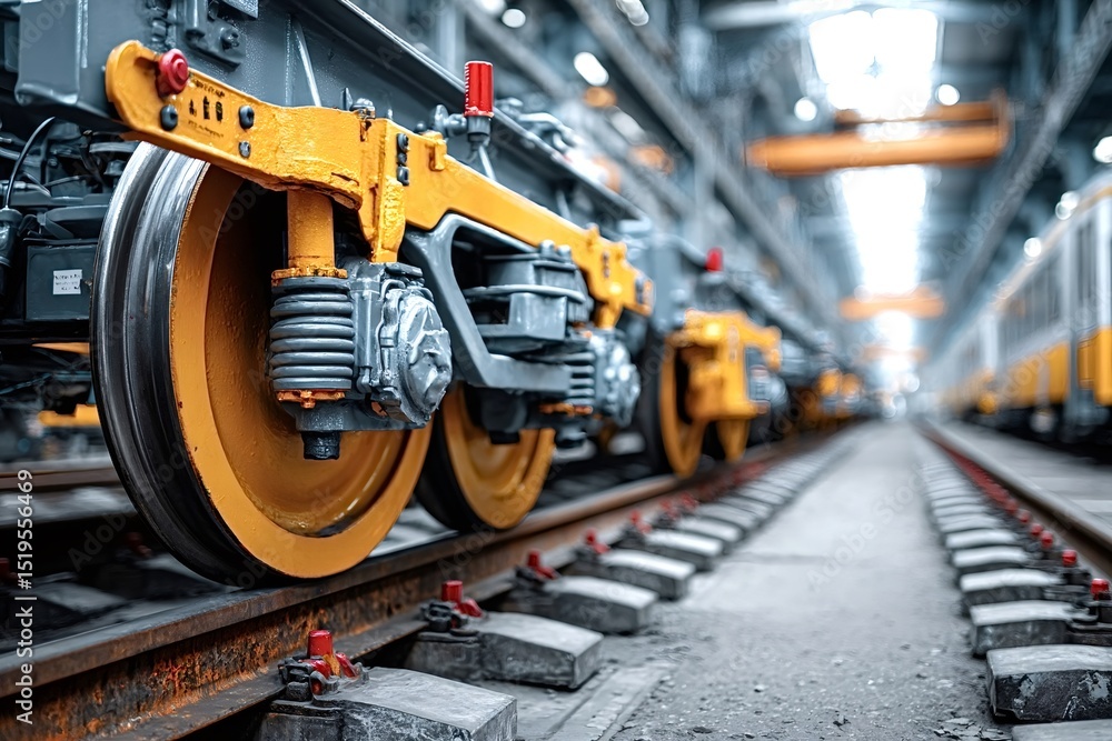 Fototapeta premium New yellow train wheels standing on rails inside a maintenance depot, showing the suspension and braking system of a train under maintenance