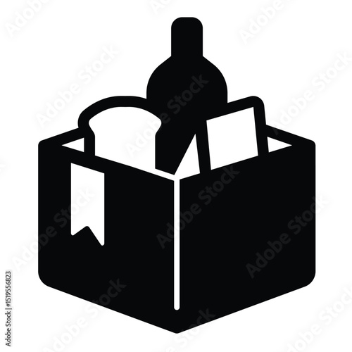 Cardboard box with food and drink solid icon, charity concept. Vector graphics. Humanitarian aid box, donation sign on white background, style mobile or design.