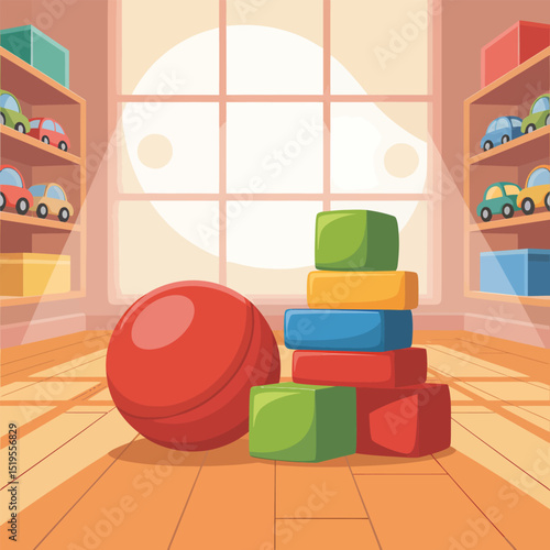 Colorful playroom illustration featuring stacking blocks and a red ball with toy cars on shelves sunlight illuminates children's play space