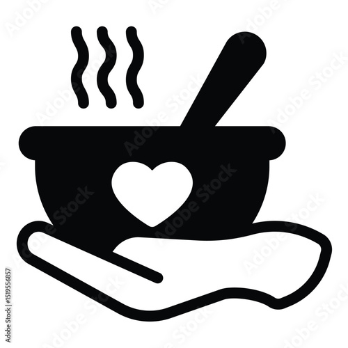 Hot soup plate in hand solid icon, charity concept. Vector graphics. Soup with spoon, hot dinner for free sign on white background, style mobile or design.