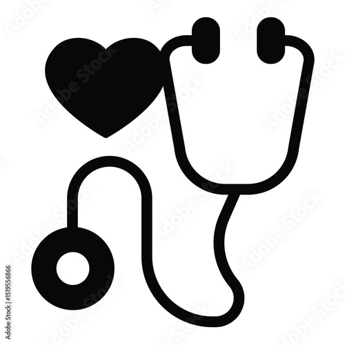 Stethoscope and heart solid icon, charity concept. Vector graphics. Doctor stethoscope tool sign on white background, style mobile or design.
