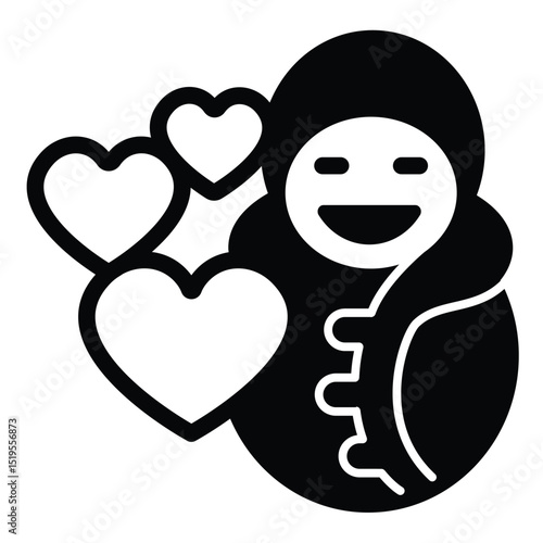 Baby child in swaddling clothes and hearts solid icon, charity concept. Vector graphics. Children clothes donations sign on white background, style mobile or design.