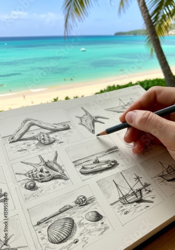 Person Drawing Ocean Life Sketches at Tropical Beach
