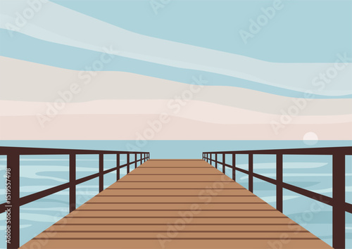 Wooden pier extending over calm sea water with a distant sun setting. Flat vector illustration for travel and relaxation.