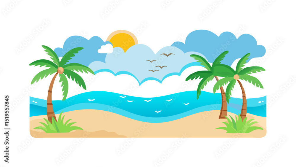 Obraz premium Colorful tropical beach scene with palm trees, waves, and sunny sky illustrating a peaceful summer atmosphere