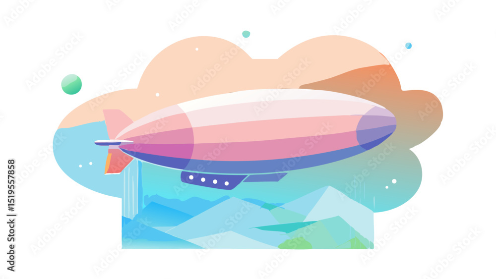 Colorful zeppelin flying over a mountainous landscape in a bright sky with soft clouds Colorful zeppelin flying over a mountainous landscape in a bright sky with soft clouds