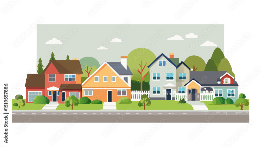 Naklejka premium Colorful neighborhood houses with trees and landscaping during a sunny day