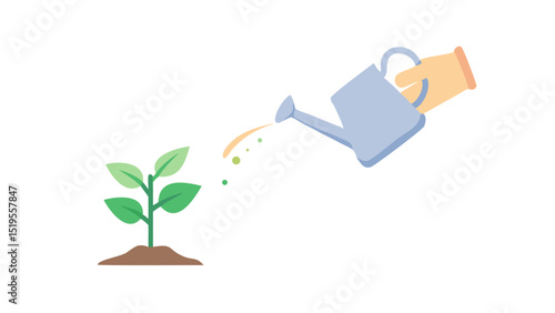 Watering a young plant in a home garden during daytime for nurturing new growth and environmental care