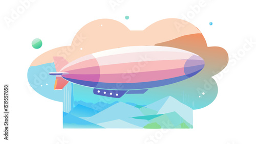 Colorful zeppelin flying over a mountainous landscape in a bright sky with soft clouds