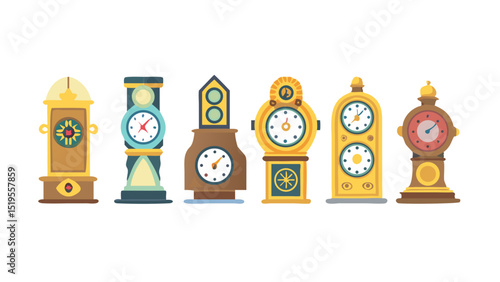 Vintage clocks displayed together, showcasing various designs and styles in a colorful arrangement