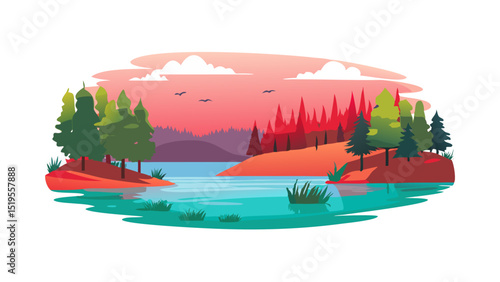 Beautiful lakeside landscape at sunset with trees reflecting on calm water
