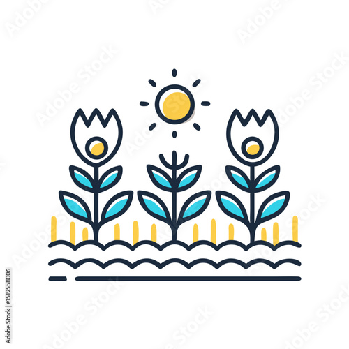 Colorful illustration of flowers under the sun with blue petals and green leaves in a simple garden setting