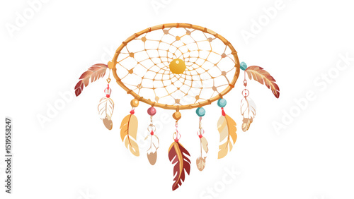 Dream catcher with colorful feathers and beads hanging for decoration purposes in a bright and airy space